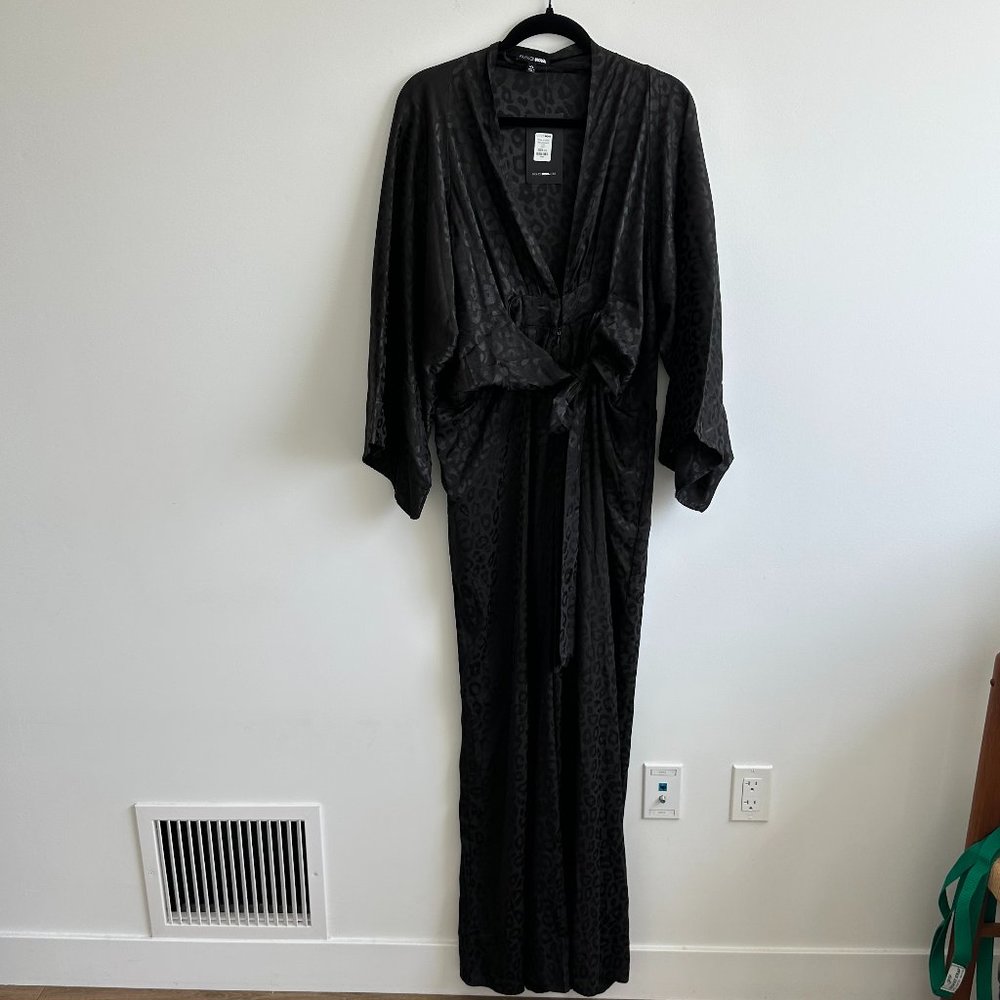 NWT Fashion Nova Black Satin-Like Deep V-Neck Wide-Leg Jumpsuit Leopard Print